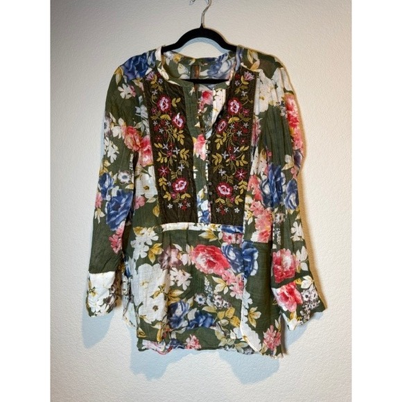 Aratta Tops - Aratta Silent Journey Floral Velvet Trim Embroidered 3/4 Button Top XL Olive